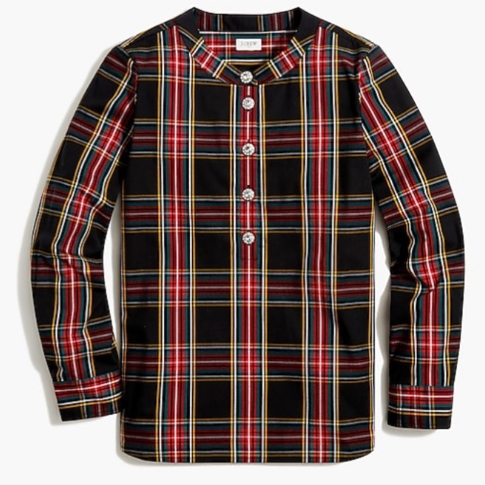 J. Crew Tartan Collared Poplin Top With Jewel Buttons XS Plaid